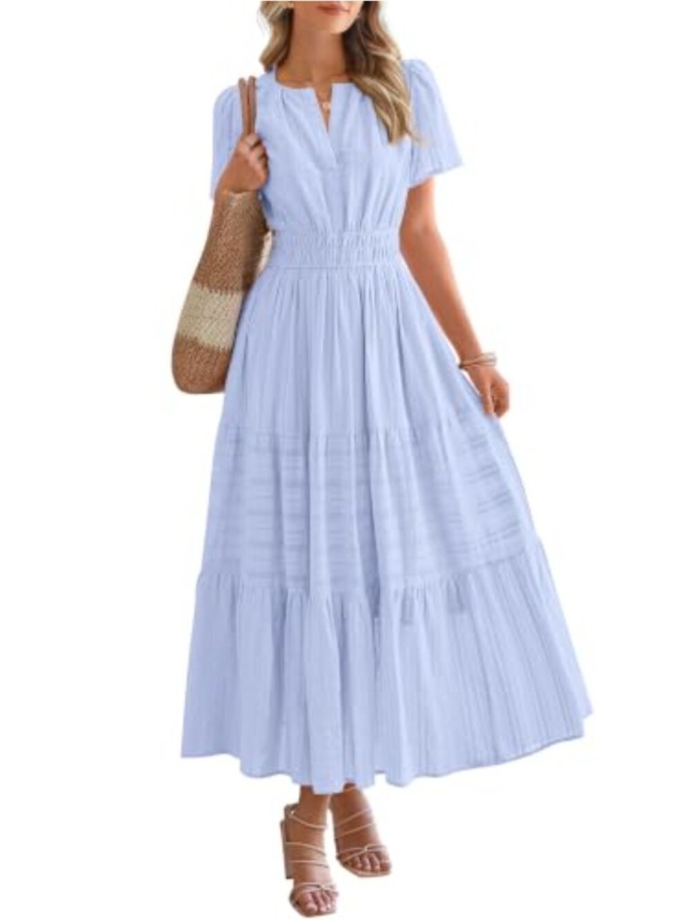Women's Short Sleeve V Neck Cotton Maxi Dress with Pockets